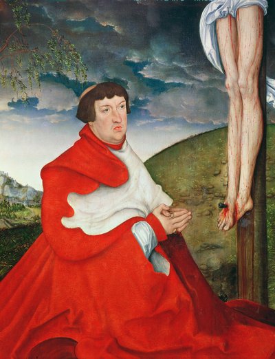 Albert, Cardenal Elector de Mainz al pie de la Cruz (detalle) de Lucas Cranach the Elder